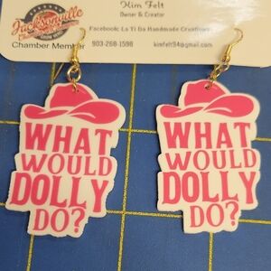 Pink 'What Would Dolly Do?' 2" Resin Earrings